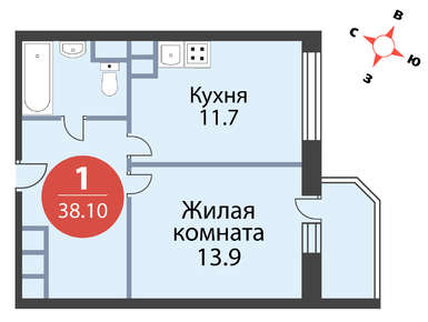 1-комнатная 38.10 кв.м, ЖК «Союзный», 7 872 000 руб.