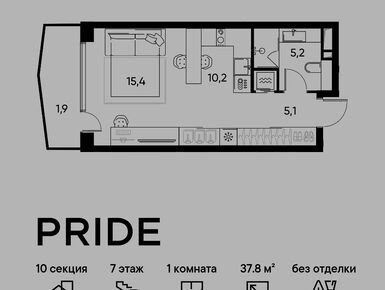 1-комнатная 37.80 кв.м, Жилой Квартал PRIDE (Прайд), 18 767 198 руб.