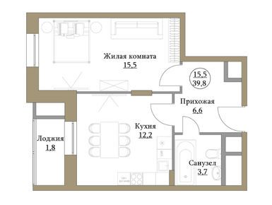 1-комнатная 39.80 кв.м, ЖК «Большая семерка», 15 400 000 руб.