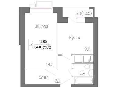 1-комнатная 35.05 кв.м, ЖК «Новое Замитино», 5 513 365 руб.