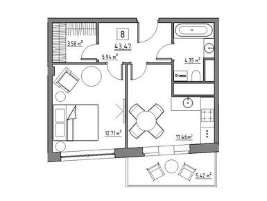 Планировки 1-к. апартаменты в ЖК Residence 15 (Резиденс 15)