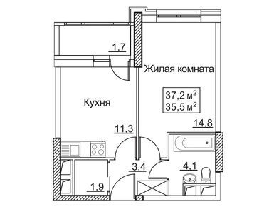 1-комнатная 37.20 кв.м, ЖК «Рассказово», 10 378 800 руб.