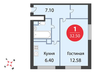 1-комнатная 32.50 кв.м, ЖК «Одинцовские кварталы»  , 7 112 000 руб.