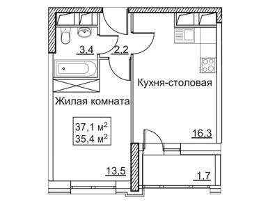 1-комнатная 37.10 кв.м, ЖК «Рассказово», 10 499 300 руб.