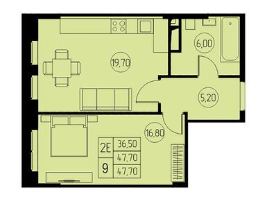 2-комнатная 47.70 кв.м, ЖК «31 квартал», 7 202 700 руб.