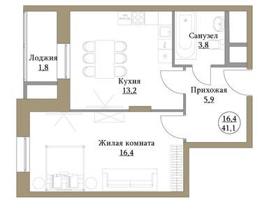 1-комнатная 41.10 кв.м, ЖК «Большая семерка», 16 937 474 руб.