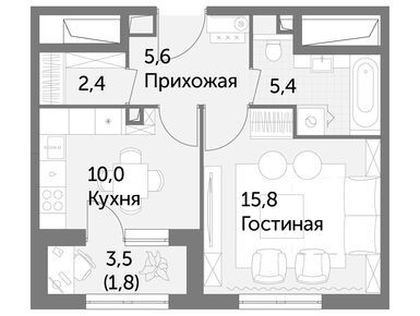 1-комнатная 41.00 кв.м, ЖК «Режиссер», 30 590 100 руб.