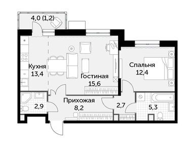 2-комнатная 61.70 кв.м, ЖК «Скандинавский», 13 388 900 руб.