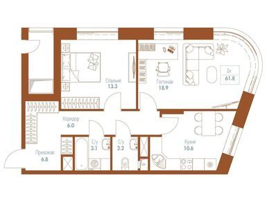 Планировки 2-к. апартаменты в Апарт-комплекс Monodom FAMILY (Монодом Фэмили)