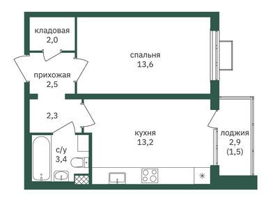 1-комнатная 39.00 кв.м, ЖК «Зеленая вертикаль» , 14 313 000 руб.
