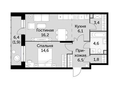 2-комнатная 55.10 кв.м, ЖК «Скандинавский», 12 562 800 руб.