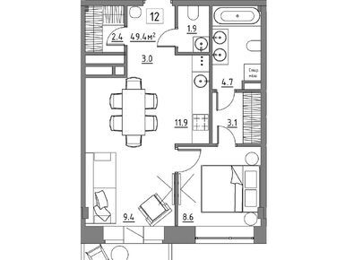 Планировки 2-к. апартаменты в ЖК Residence 15 (Резиденс 15)