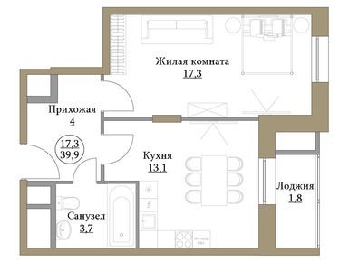 1-комнатная 39.90 кв.м, ЖК «Большая семерка», 16 814 897 руб.