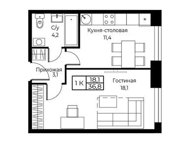 1-комнатные 36.80 кв.м, ЖК AIST RESIDENCE (Аист Резиденс), 10 800 800 руб.