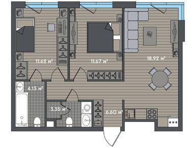 Планировки 2-к. апартаменты в Квартал «Зорге 9»