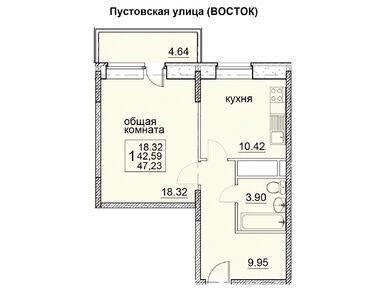 1-комнатная 47.23 кв.м, мкр. «Пустовский», 6 139 900 руб.