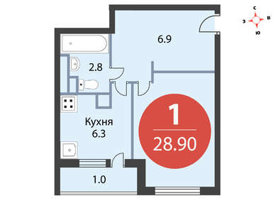 1-комнатная 28.90 кв.м, ЖК «Одинцовские кварталы»  , 6 488 000 руб.
