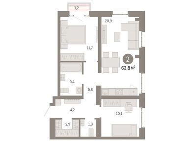 2-комнатная 63.00 кв.м, Квартал «Метроном», 19 230 000 руб.