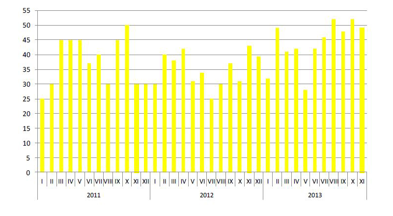 В 2013 году в среднем в месяц заключалось 44 сделки с элитными новостройками