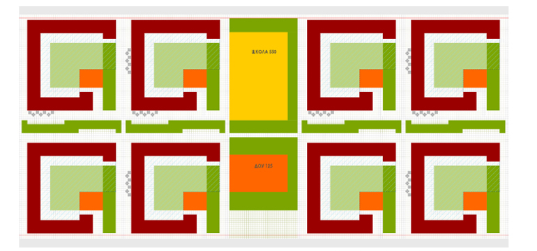 Группа кварталов условно прямоугольной застройки может быть обеспечена школой, до которой можно дойти, не пересекая улицу